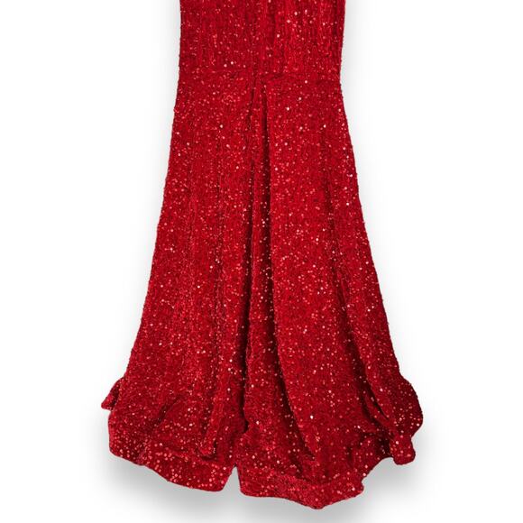 Faeriesty Red Sequin Velour Floor Length Mermaid One Shoulder Gown Women's M/L - Picture 6 of 13